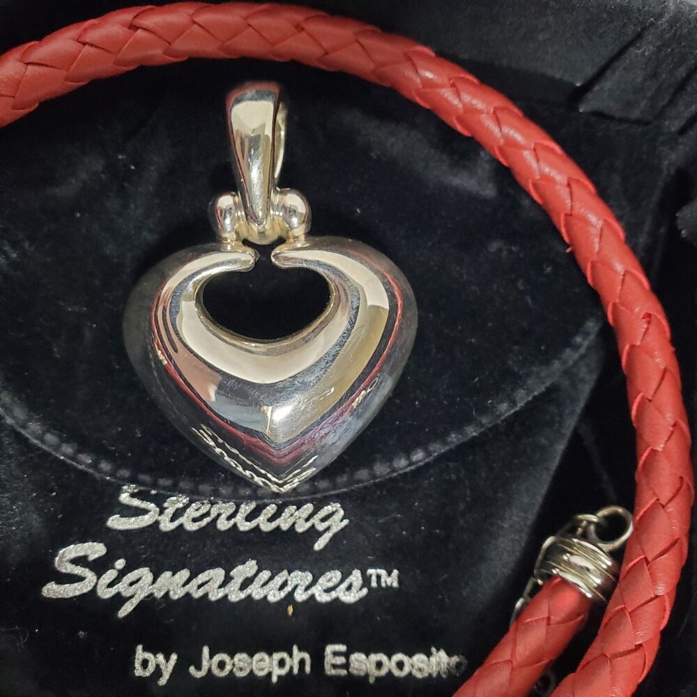 Joseph Esposito 925 Sterling Silver Heart Pendant Red Braided Leather Necklace - Picture 3 of 6